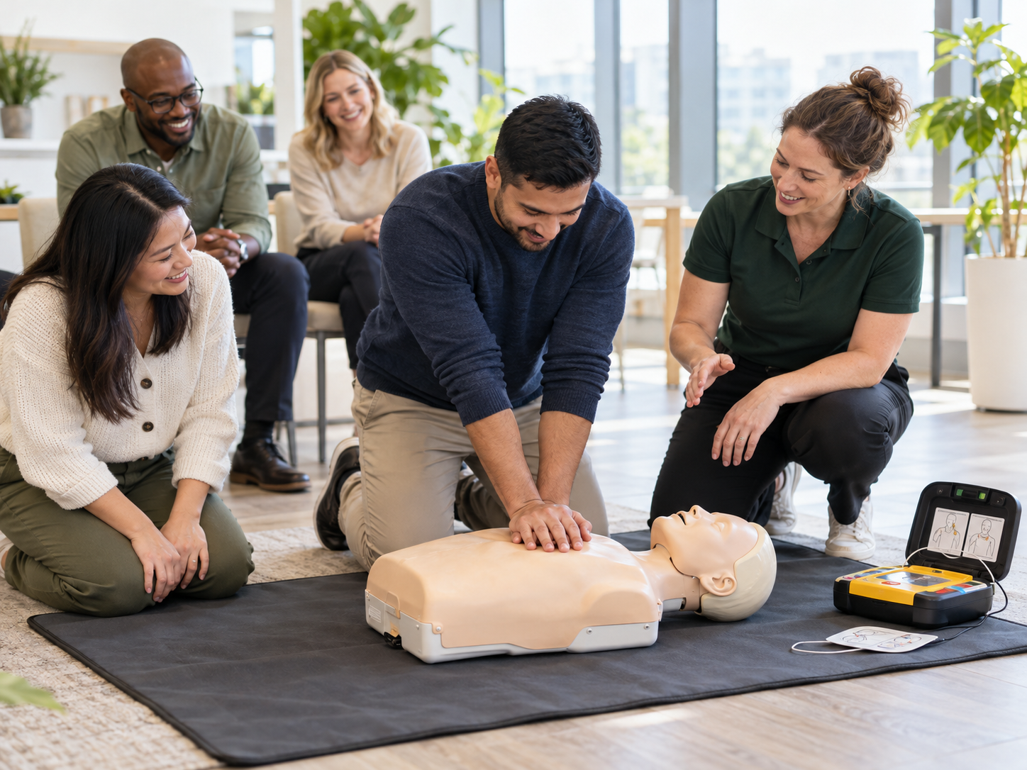 Coworkers practice CPR on a manikin with instructor guidance while teammates smile and encourage them in a bright office.
