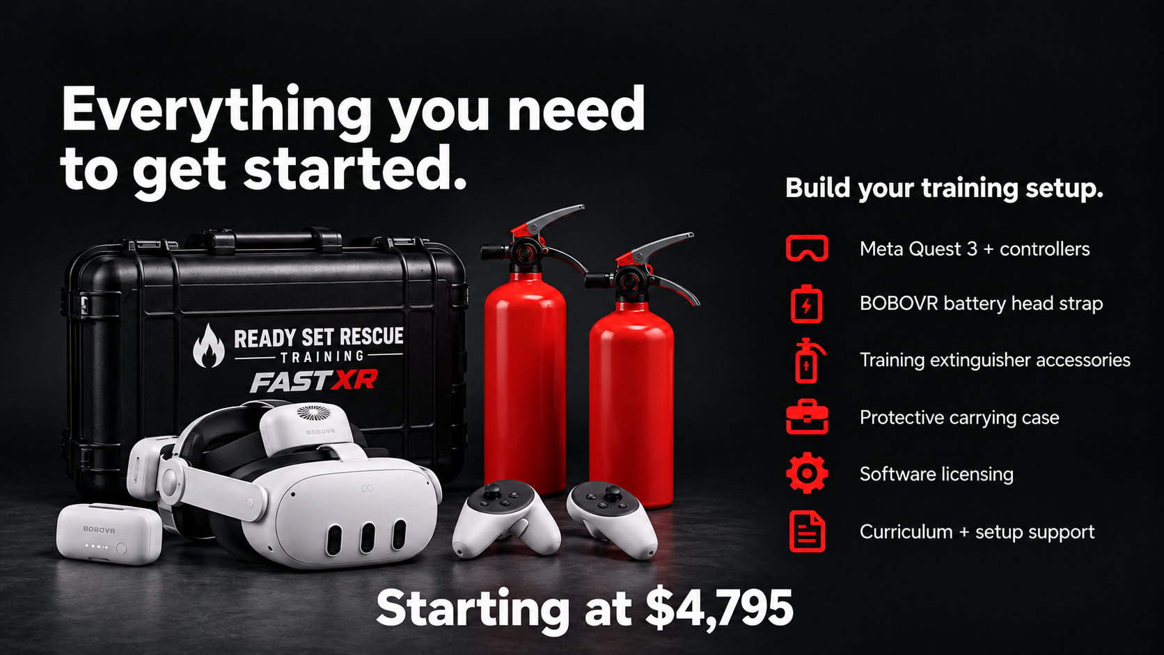 Announcement of training kit with virtual reality headset, controllers, fire extinguishers, and a black carrying case. Text highlights include 'Everything you need to get started,' 'Build your training setup,' and 'Starting at $4,795.' List items include Meta Quest 3 controllers, BOBOVR battery head strap, training extinguishing accessories, protective carrying case, software licensing, and curriculum and setup support.