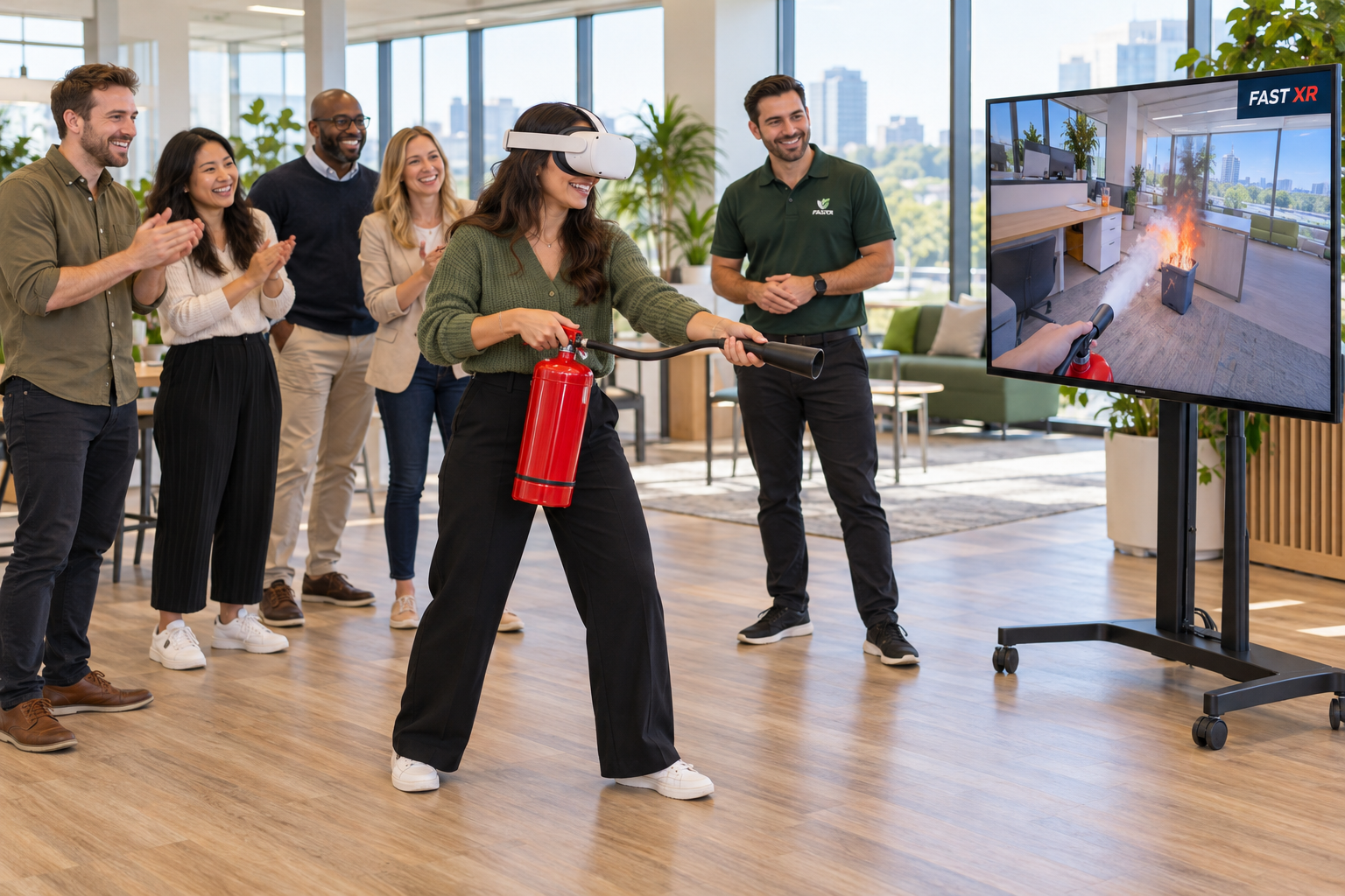 Office employee wearing a VR headset practices with a training extinguisher while smiling coworkers cheer and watch the FAST XR fire simulation on a nearby TV.