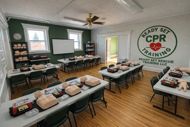 A CPR training classroom with tables set up with manikins, AED trainers, and training supplies. The room has green walls, large windows, a ceiling fan, and a large CPR training logo on the wall.