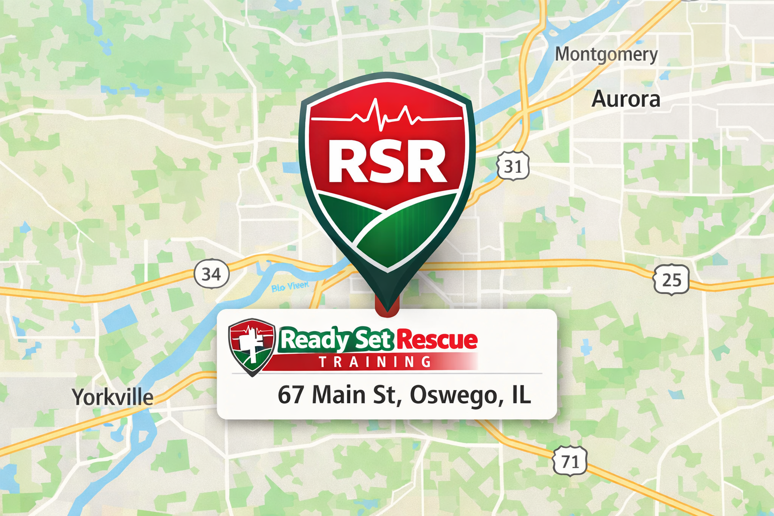Map showing the location of Ready Set Rescue Training classroom for the public individual student at 67 Main St, Oswego, IL, with nearby cities and highways.