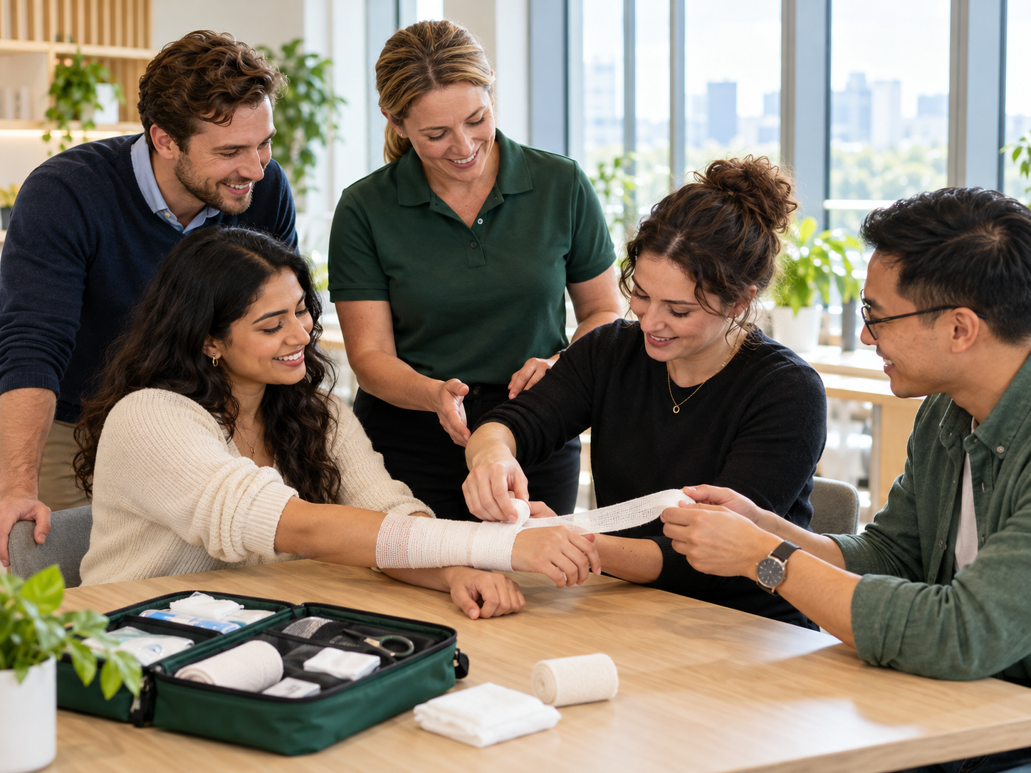 Smiling coworkers practice wrapping a forearm bandage with instructor guidance during a First Aid team-building activity in a bright office.