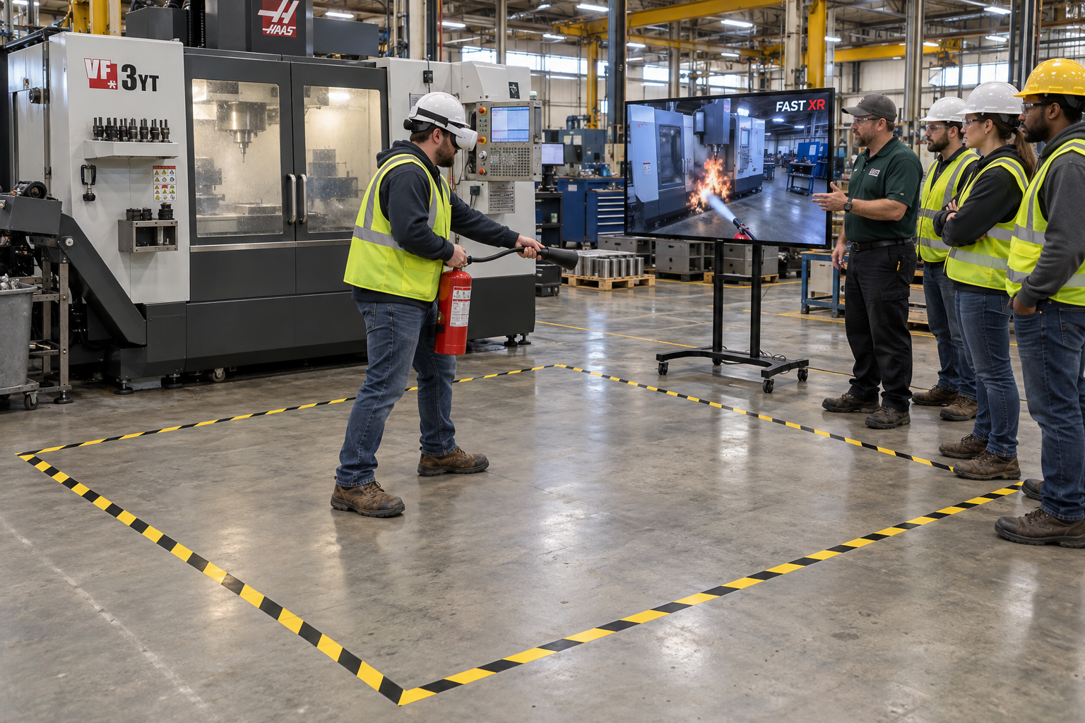 Manufacturing employee wearing a hard hat, safety vest, and VR headset practices with a training extinguisher inside a taped safety zone while coworkers watch a FAST XR fire simulation on a nearby TV.