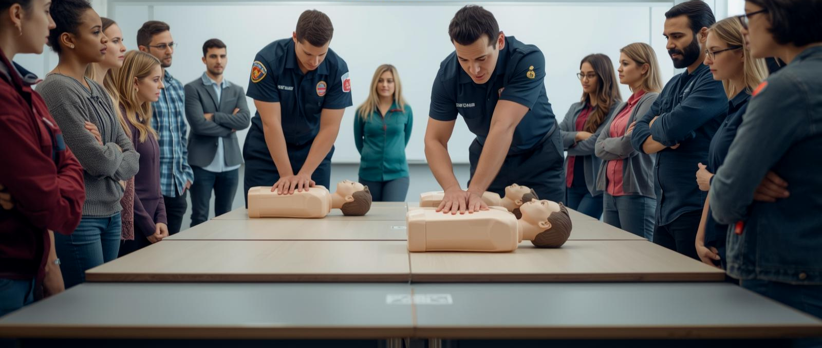 Two EMTs demonstrating CPR on dummies surrounded by a group of people in a classroom