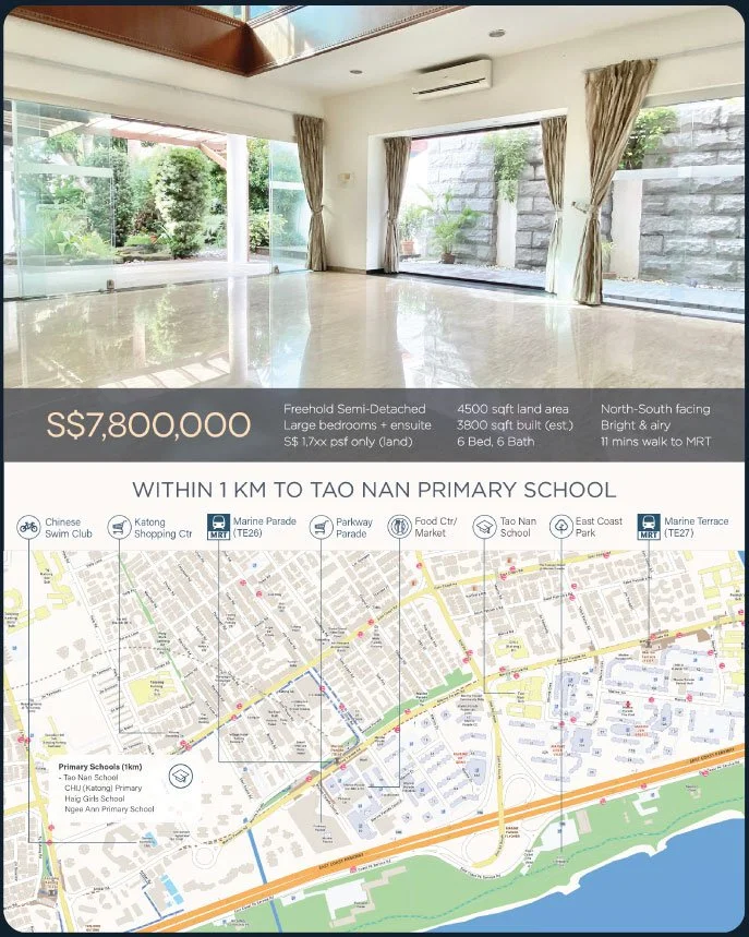 A real estate flyer displaying an interior photo of a bright, spacious living room with large windows, curtains, and sliding glass doors leading to an outdoor garden. Includes property details and a map of nearby schools and amenities.