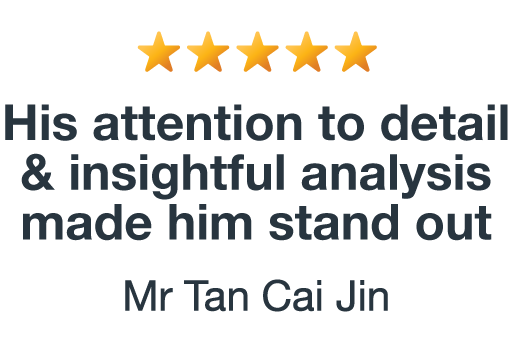 Five gold stars above a quote praising meticulous attention to detail and insightful analysis, attributed to Mr. Tan Cai Jin.