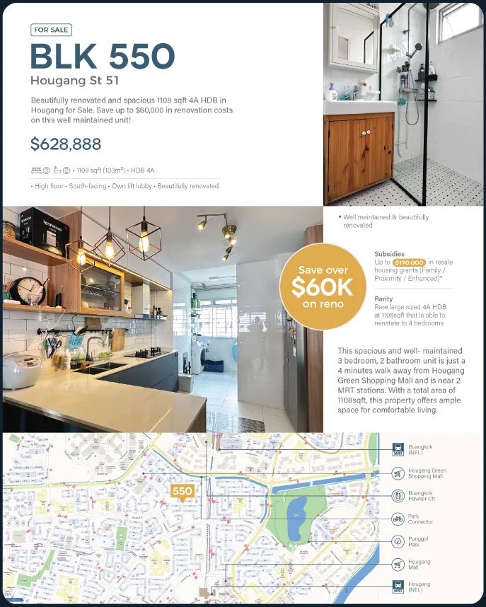Real estate flyer for apartment BLK 550 on Hougang Street 51, featuring a renovated 3-bedroom, 2-bathroom unit with a kitchen, bathroom, and a map of the neighborhood showing nearby amenities and MRT stations. Price listed at $628,888 with savings over $60K on reno.