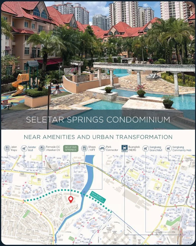 View of Seletar Springs Condominium with a swimming pool, palm trees, and gated playground area, surrounded by residential buildings and high-rise apartments in the background. Map showing nearby amenities and urban transit options.