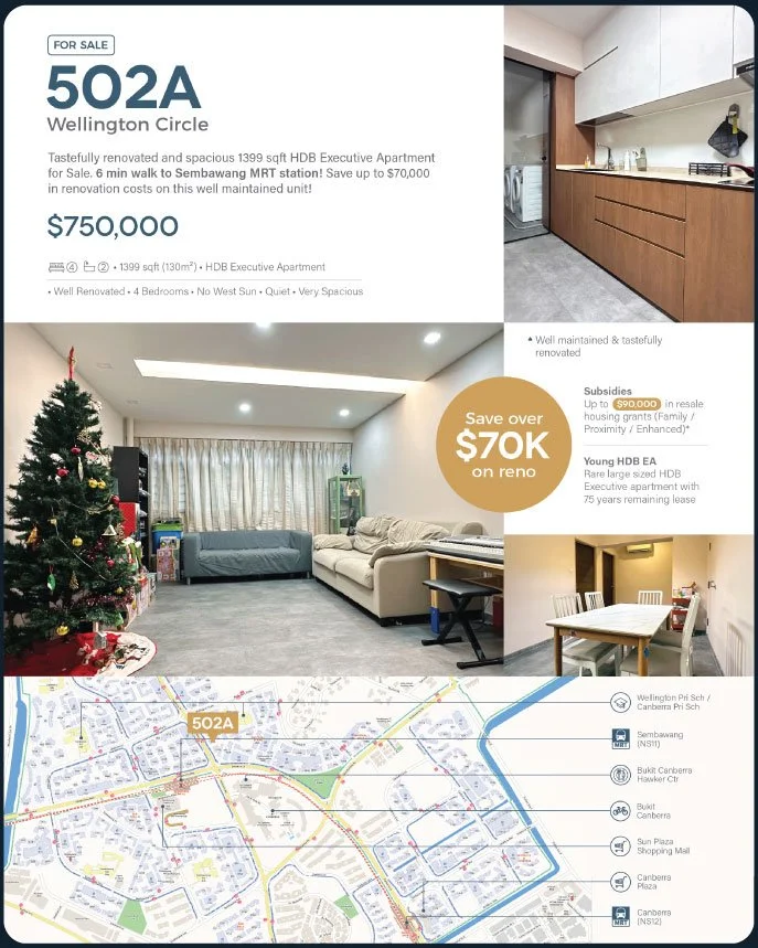 Real estate advertisement for apartment 502A at Wellington Circle, showing a kitchen, living room, dining area, and a map of the location.