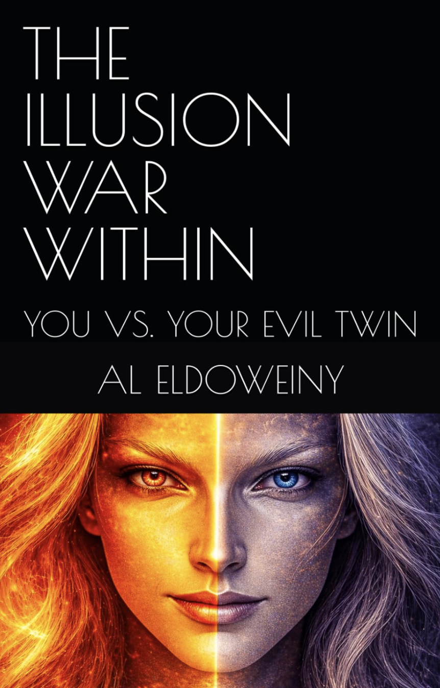 Promotional poster for 'The Illusion War Within' by Al Eldoweiny, featuring a split-face of a woman with glowing fiery left side and icy purple right side, with the title and author's name in white text on a black background.