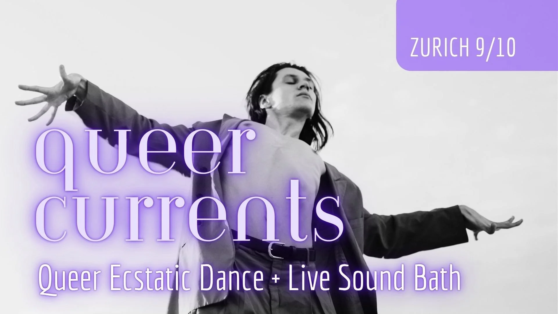 A queer person dancing with outreached hands.