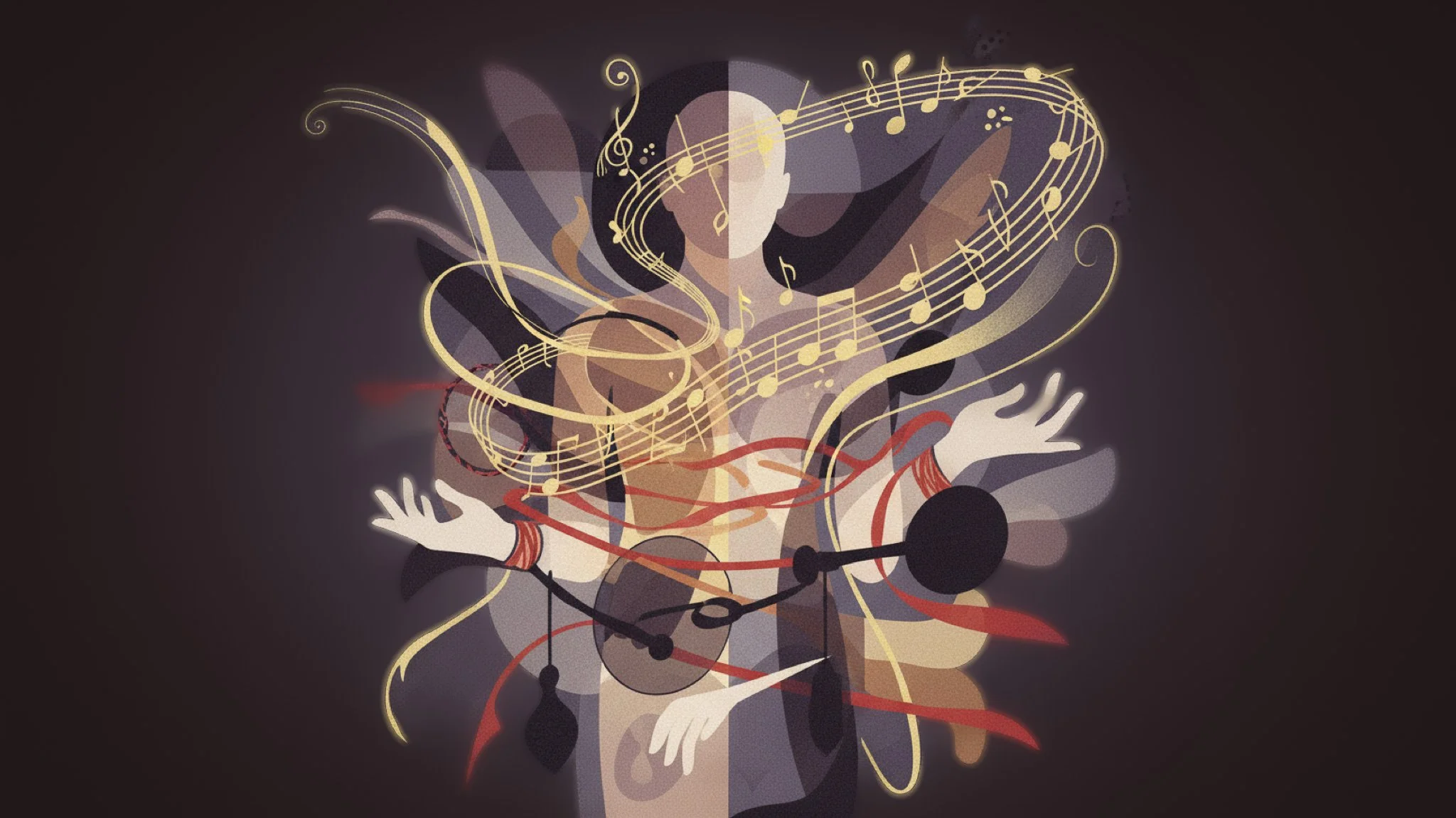 Ein abstraktes Bild einer Person, die von Elementen von Musik, Tantra Massage, BDSM und Bondage umgeben ist.