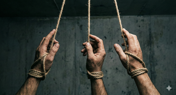 Drei Hände, die mit Shibari-Seil gefesselt sind.