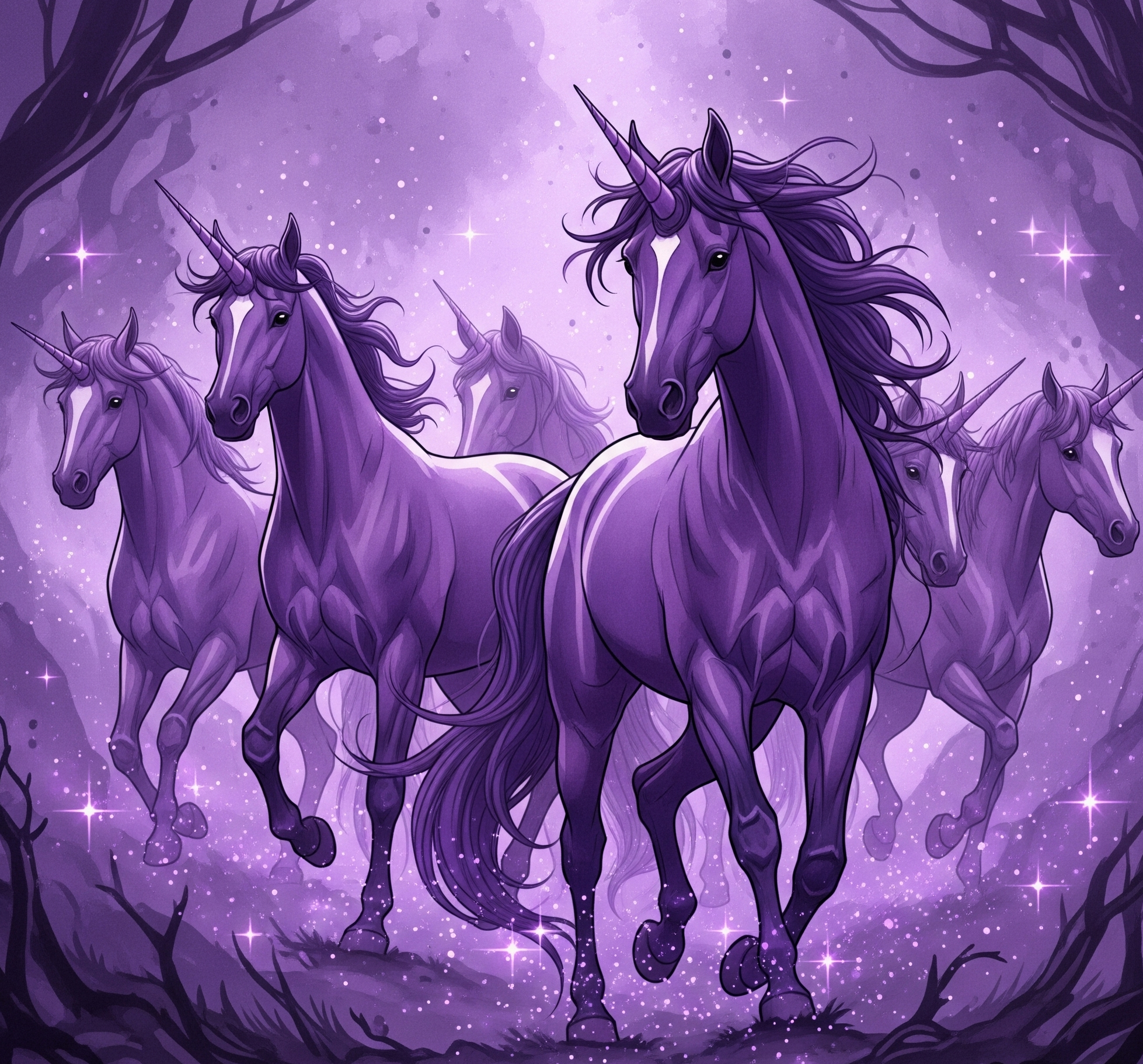 Eine Gruppe von violetten fantastischen Einhörnern