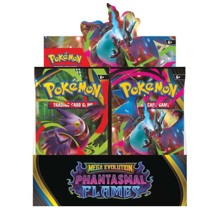 Front view of Pokémon Trading Card Game Phantasmal Flames Booster Box with 36 booster packs sealed.