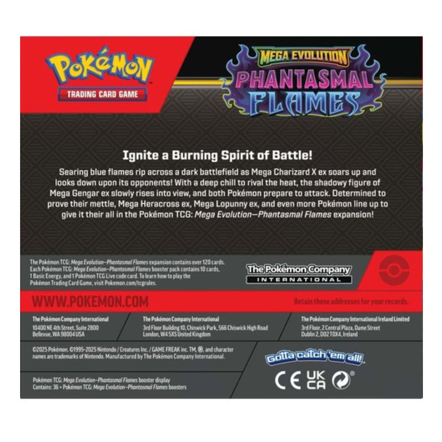Back of the Pokémon TCG Phantasmal Flames Booster Box with set description, Pokémon TCG product details, and official licensing information.