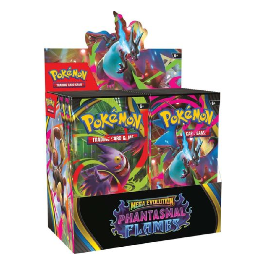 Sealed Pokémon TCG Phantasmal Flames Booster Box featuring official Pokémon card artwork and branding.