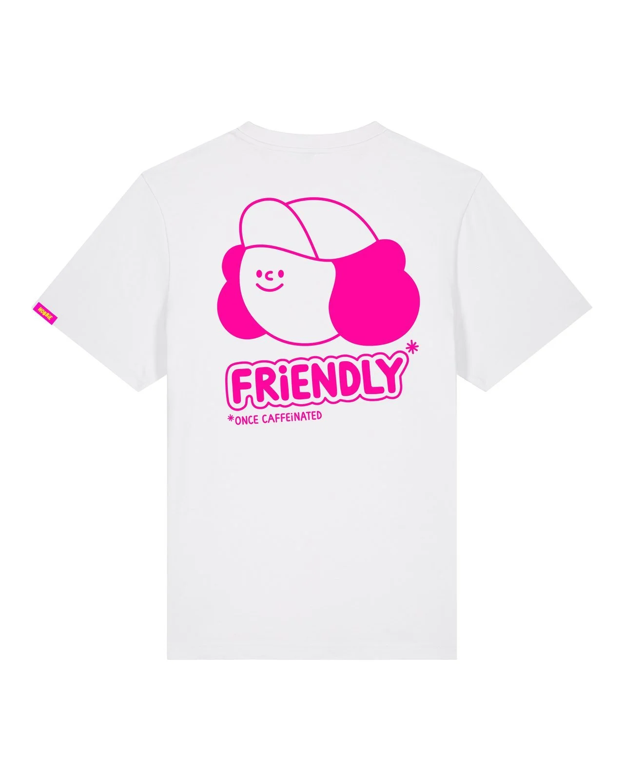 Once Caffeinated White + Hot Pink screen printed t-shirt