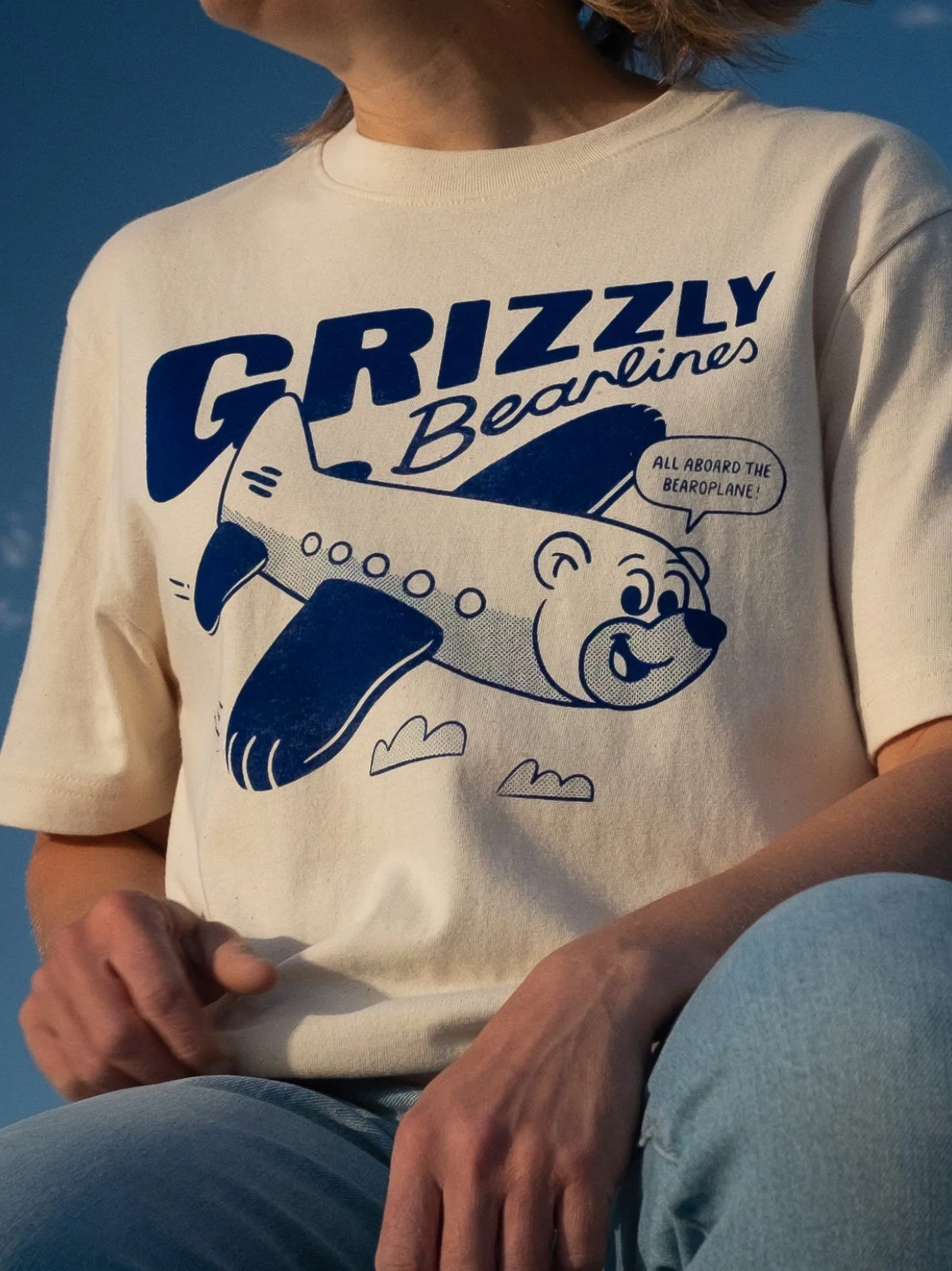 Bearoplane screen printed t-shirt Natural Raw & Blue