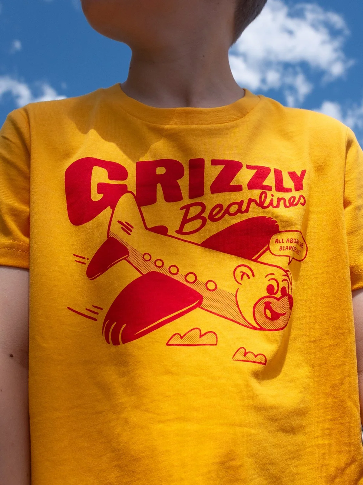 Kids Bearoplane screen printed t-shirt gold & red