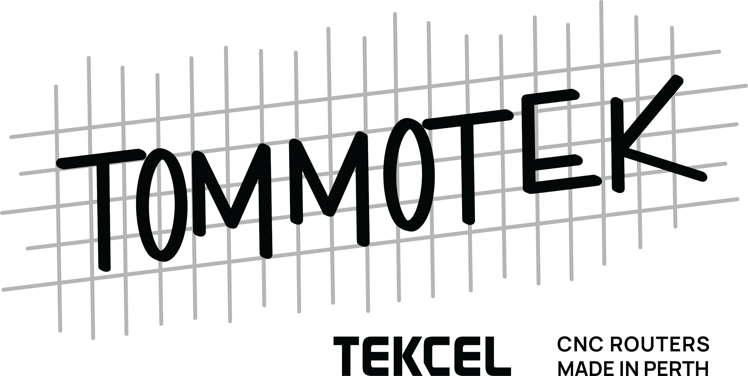 Graphic of a wireframe model with the word 'TOMMOTEK' overlaid in black text, and the Tekcel logo below, with the note 'CNC routers made in Perth'.