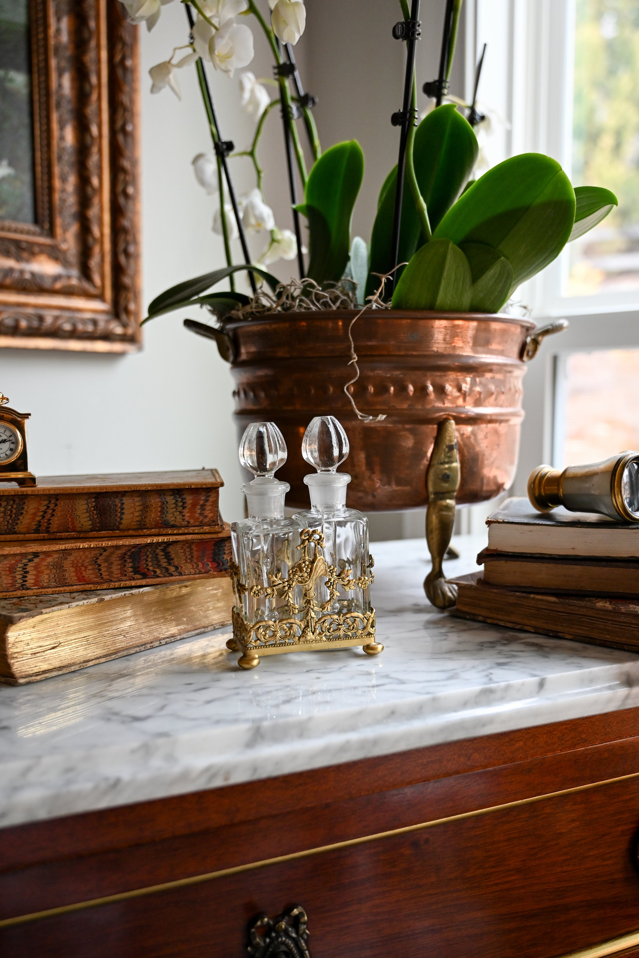 Vintage Perfume Bottle Pair with Gilded Stand