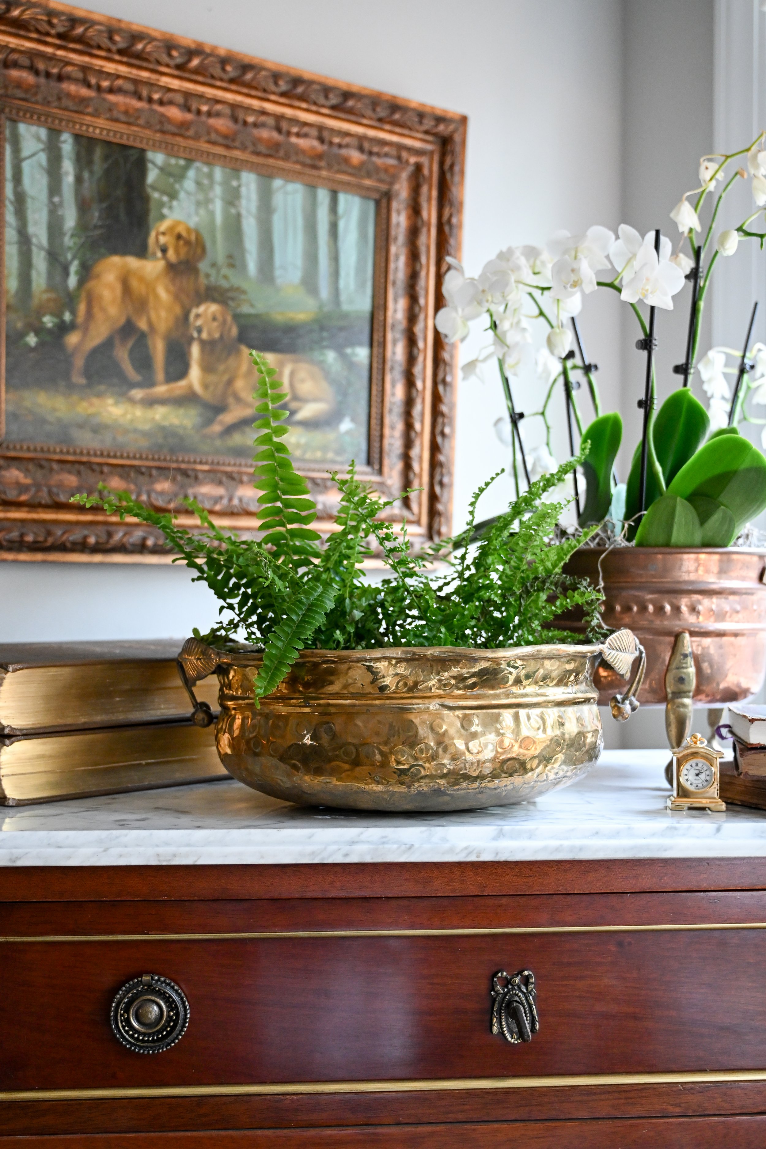 Hammered Brass Jardiniere with Cherry Handles