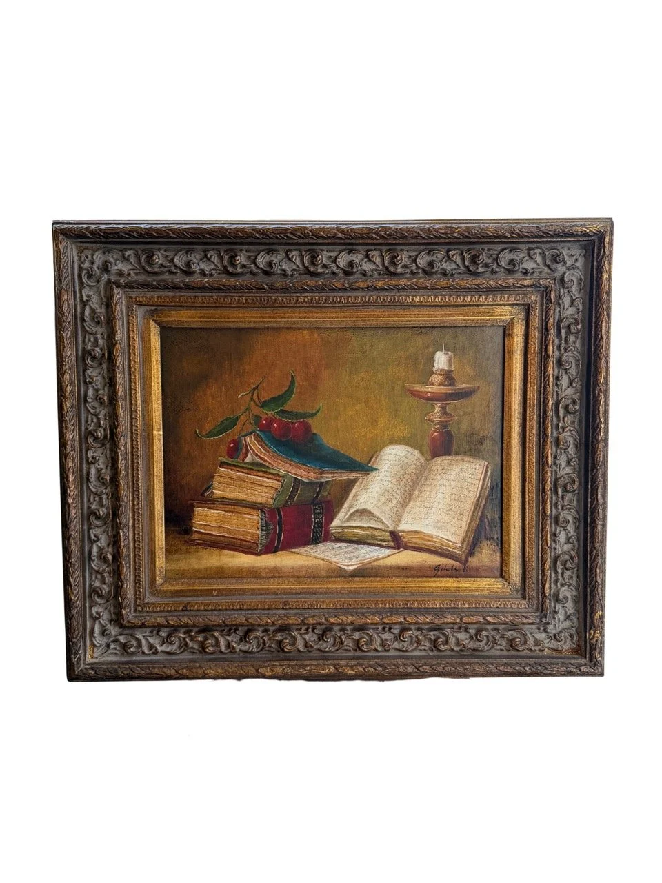 Still Life with Books, Cherries, & Candlestick Painting