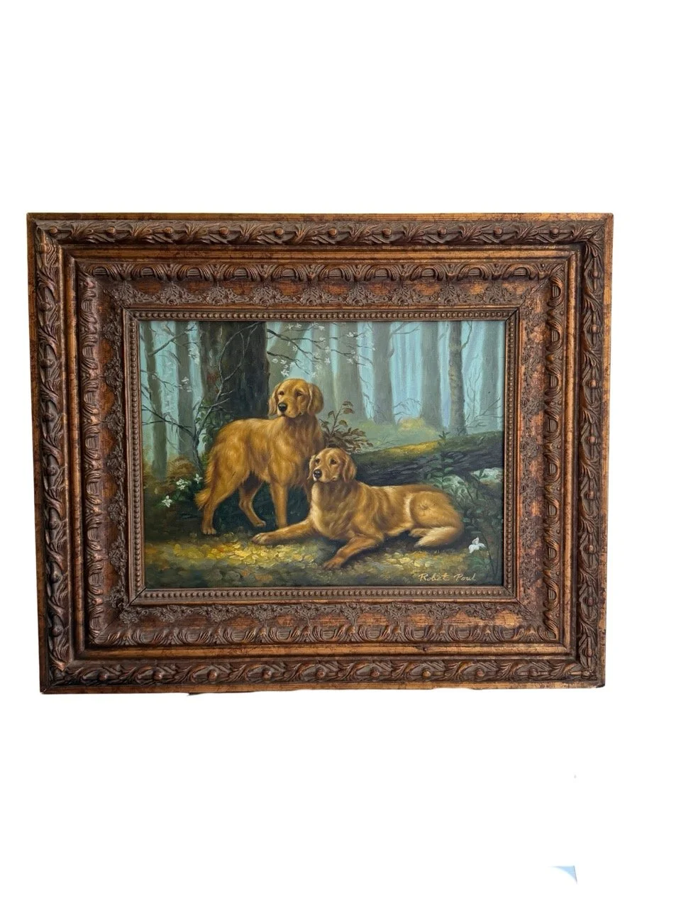 Two Golden Retrievers in Forest Landscape Painting
