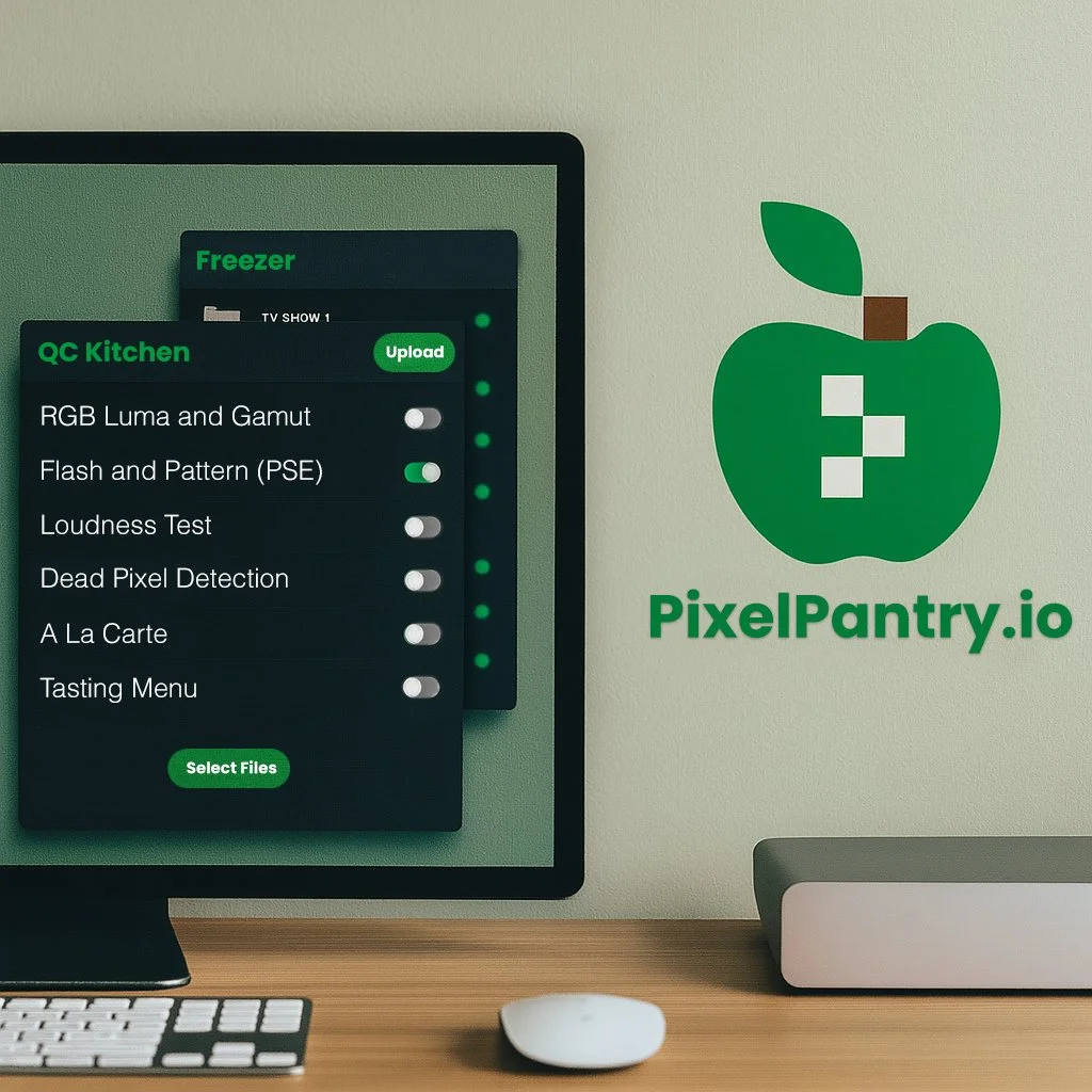 Computer screen displaying an app menu with options for uploading and selecting files, and toggles for RGB Gamut, Flash and Pattern, Loudness Test, Dead Pixel Detection, A La Carte, and Tasting Menu, next to a PixelPantry.io logo with a green apple icon on a white wall.