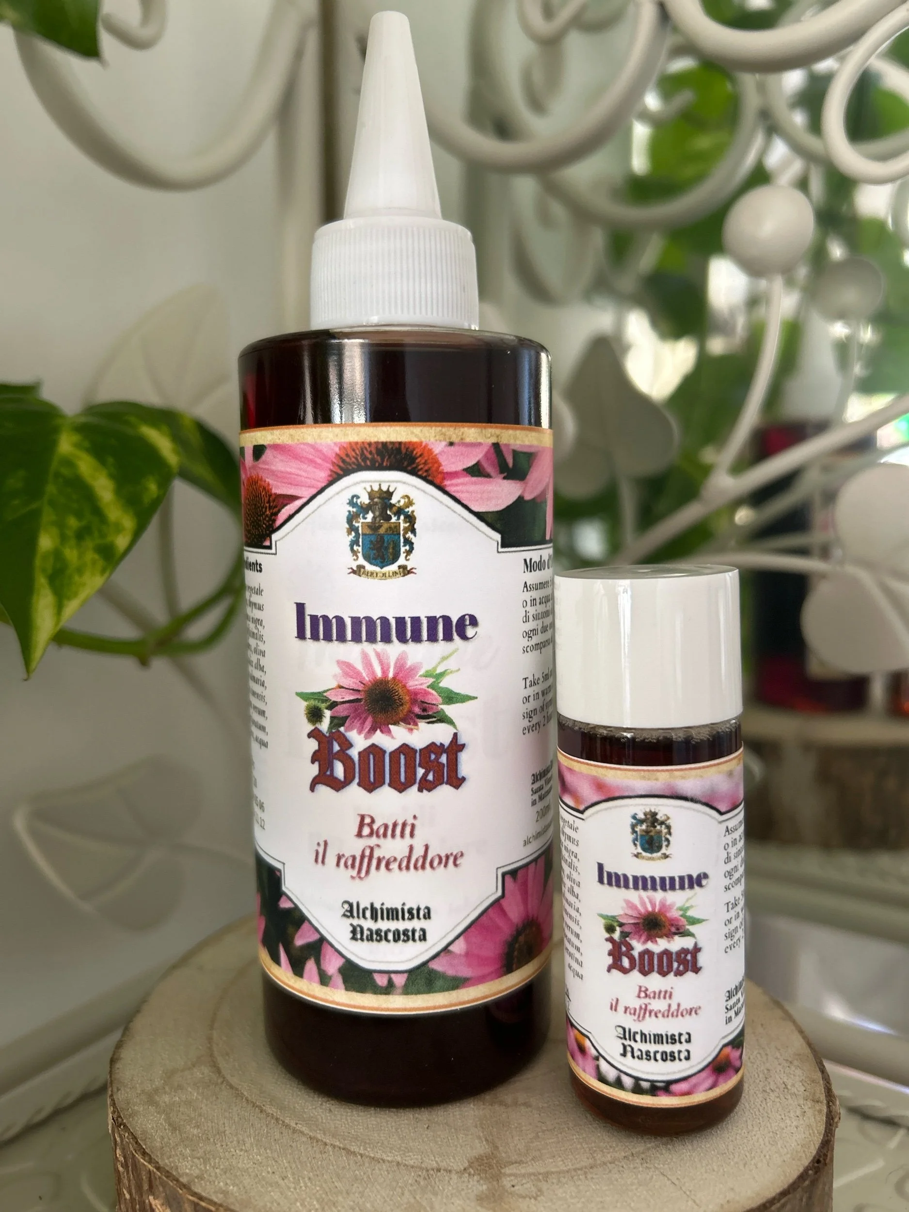 Two sizes of herbal glycerine extract with echinacea blossoms on the label