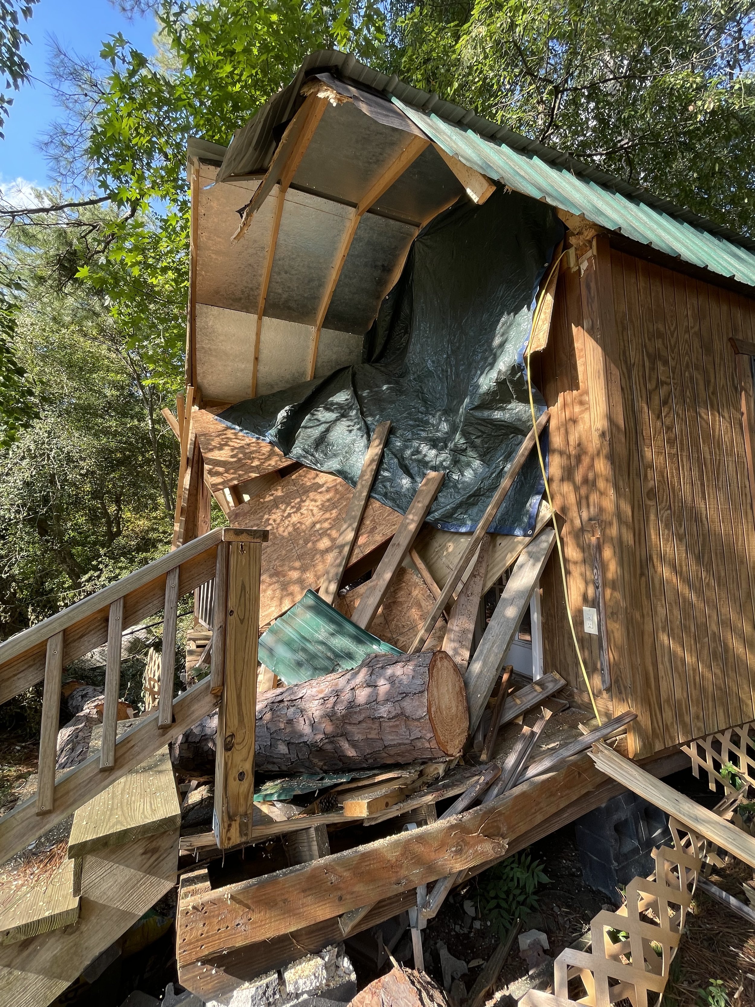 A partially collapsed wooden house with fallen trees and debris around it, showing a damaged structure in a wooded area.