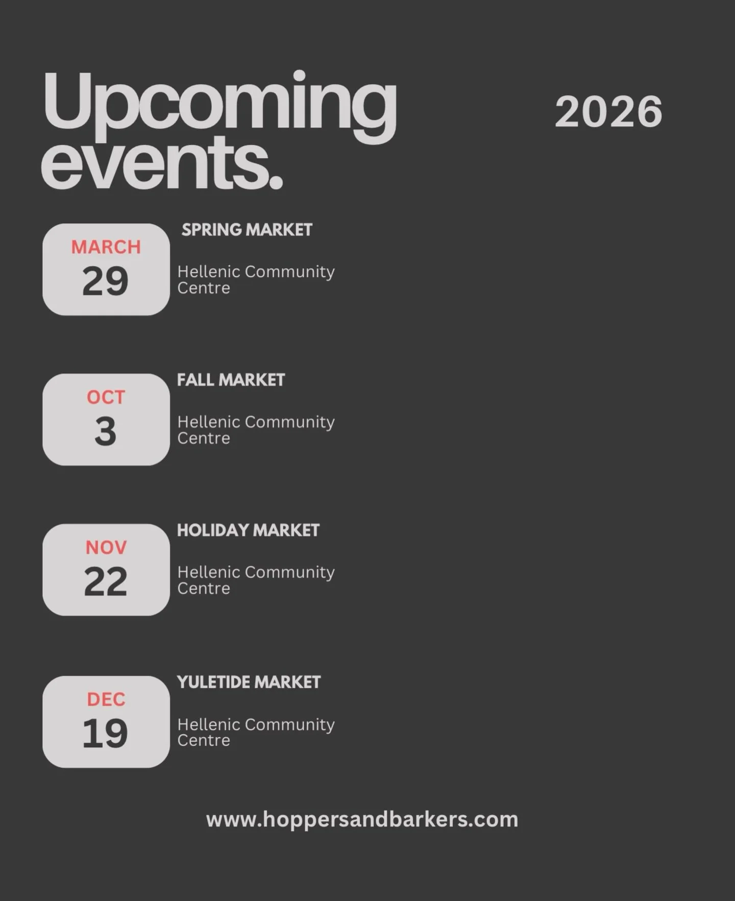 We&rsquo;re so excited to share that Hoppers &amp; Barkers will be popping up at upcoming markets at the Hellenic Community Centre in 2026. Being able to show up in person, meet you, and talk about what we do face to face truly means the world to us.