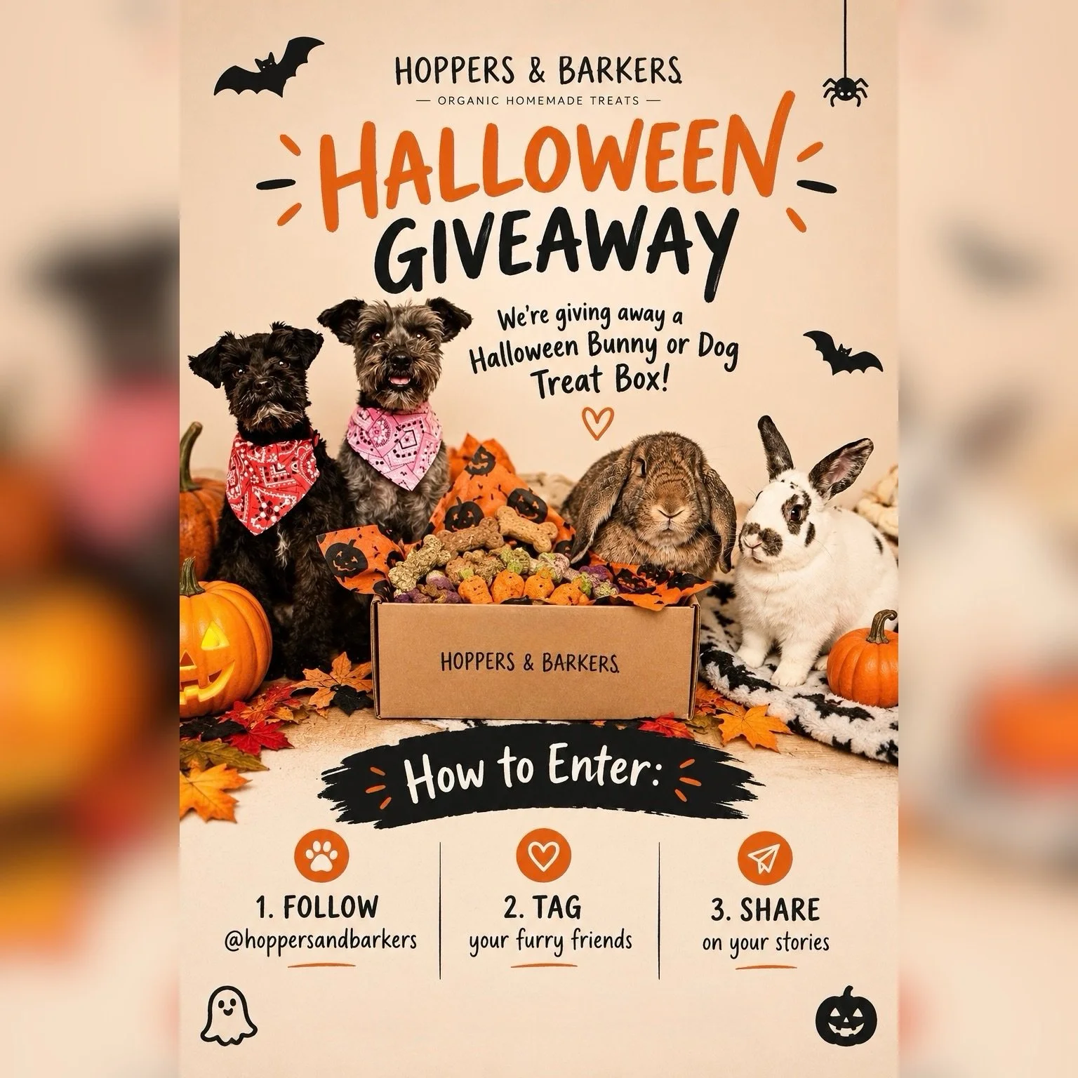 🎃🐾 STARTING RIGHT NOW&hellip;THE HALLOWEEN TREAT-HEIST IS ON! 👻

This is NOT your average dog &amp; bunny treat box giveaway.
This is Hoppers &amp; Barkers. 🖤🐶🐰

We&rsquo;re giving away a Halloween treat box that&rsquo;s been hand-curated, hand