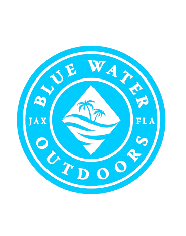 Blue Water Outdoors logo with a mountain, palm trees, and ocean waves in black and blue.