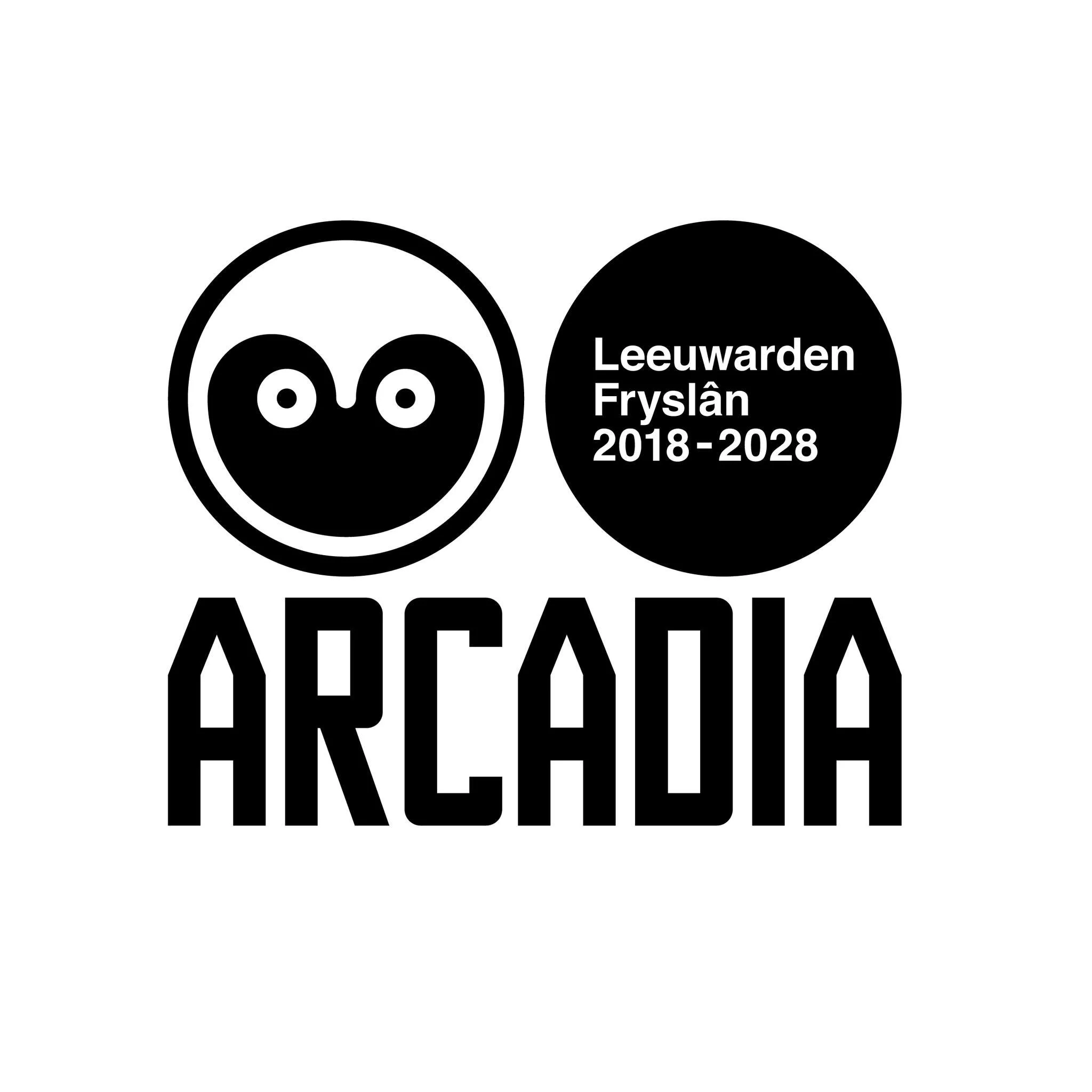 Black and white logo with cartoon owl face, a black circle with white text reading 'Leeuwarden Fryslân 2018-2028' inside, and the word 'ARCADIA' in stylized font below.