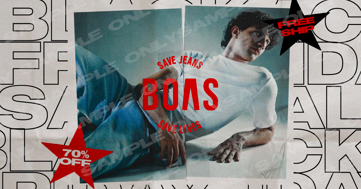 A young man with dark, curly hair wearing a white T-shirt lying on the ground in a model pose. Promotional text overlays include a red star with '70% OFF', and a black starburst with 'FREE SHIP'. Red text says 'SAVE JEANS' and 'SAVE LIVES', with large red letters spelling 'BOS' or 'BOAS' in the center. The background features large outlined letters and a monochrome, typographic pattern.