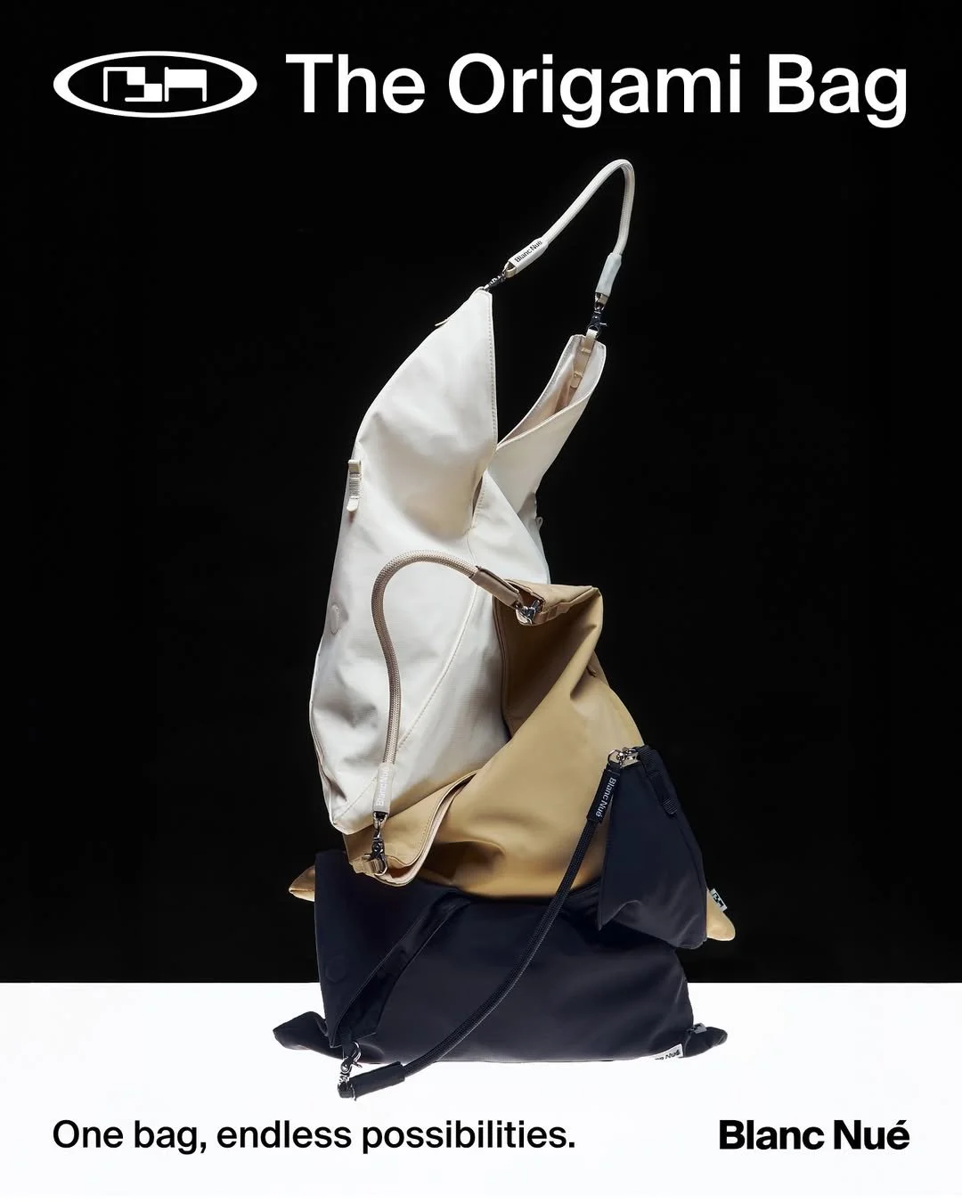 A stack of three origami-style bags in beige, white, and black colors, displayed vertically against a black background, with promotional text for Blanc Nué