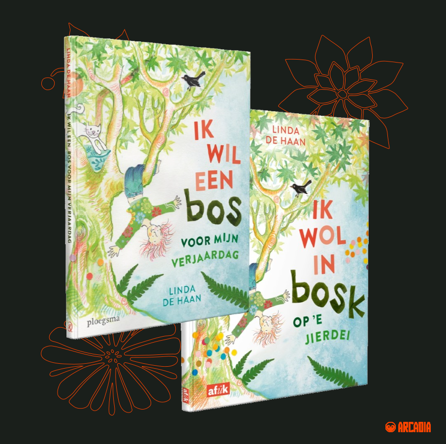 Two illustrated children's books titled 'Ik wil een bos voor mijn verjaardag' and 'Ik wil in het bos op de derde,' both featuring a tree with green leaves, a girl with pink hair, a cat, and a bird on the covers.