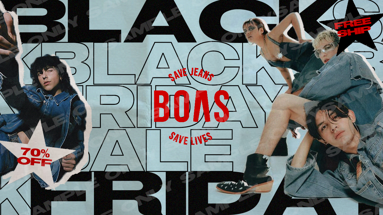 A promotional image for a black Friday sale featuring three stylish young women in denim outfits. The background has large outlined letters spelling 'BLACK FRIDAY SALE.' Promotional badges include '70% OFF,' 'FREE SHIP,' and slogans 'SAVE JEANS,' 'SAVE LIVES,' and 'BOAS' in bold red text.