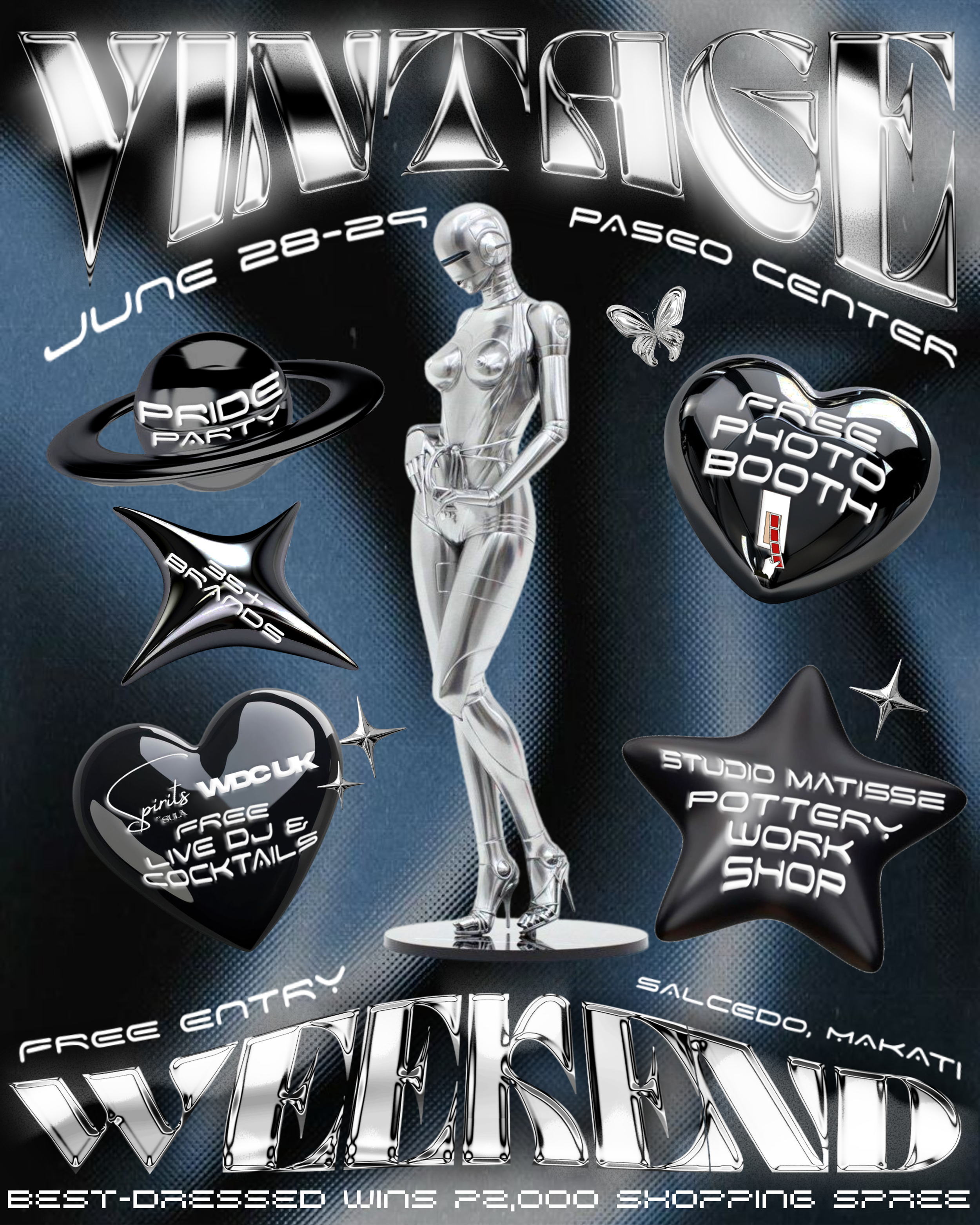 Event poster for WEDNESDAY at Paseo Center, June 28-25. Features a metallic female robot figure, neon-style text, and various themed symbols like a heart, star, planet, and butterfly, advertising free entry, live DJ, cocktails, and a work shop.