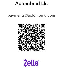 Business card for Aplombmd LLC with email payments@aplomd.com and a QR code, featuring Zelle logo.