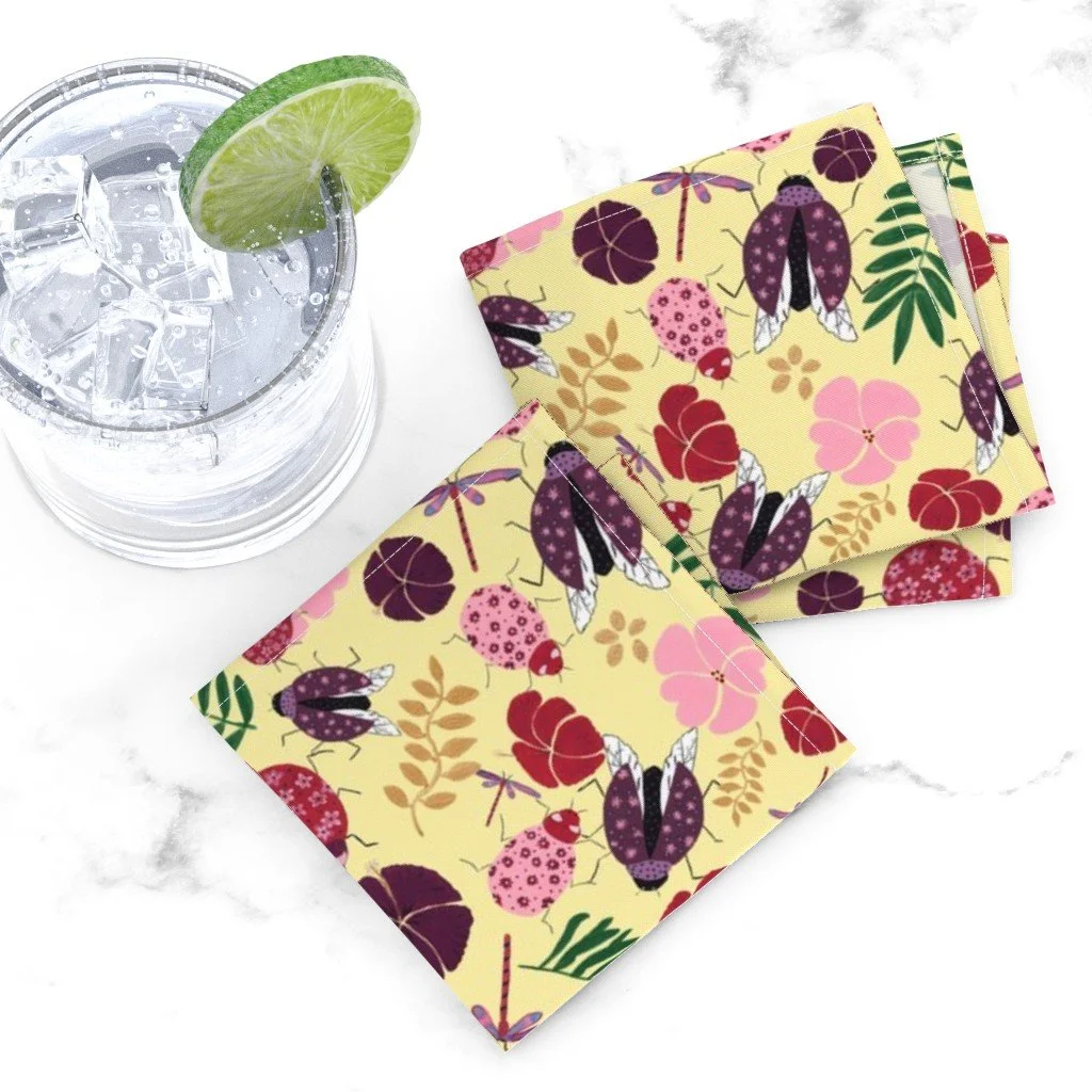 Napkins in Modern Acrylic Ladybug & Dragonfly Pattern Yellow Pink Rose & Burgundy.jpg
