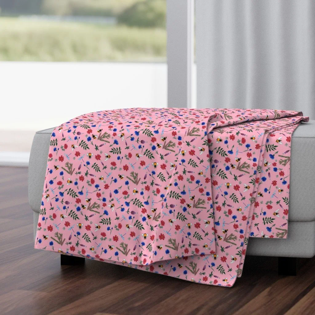 Throw Blanket in Whimsical Bees and Wildflowers on Pink Fabrid - Pollen Promenade.jpg