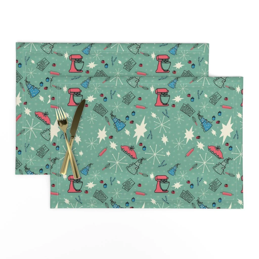 Placemat in Retro Tomato Pie & Kitchen Gadget MCM Starburst Fabric in Dark Mint Green.jpg