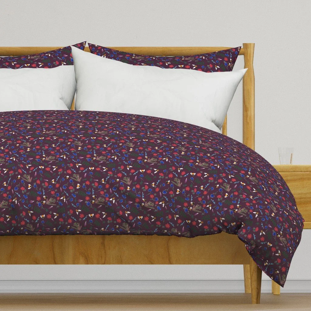Duvet Cover in Whimsical Bees & Wildflowers on Burgundy Fabric.jpg