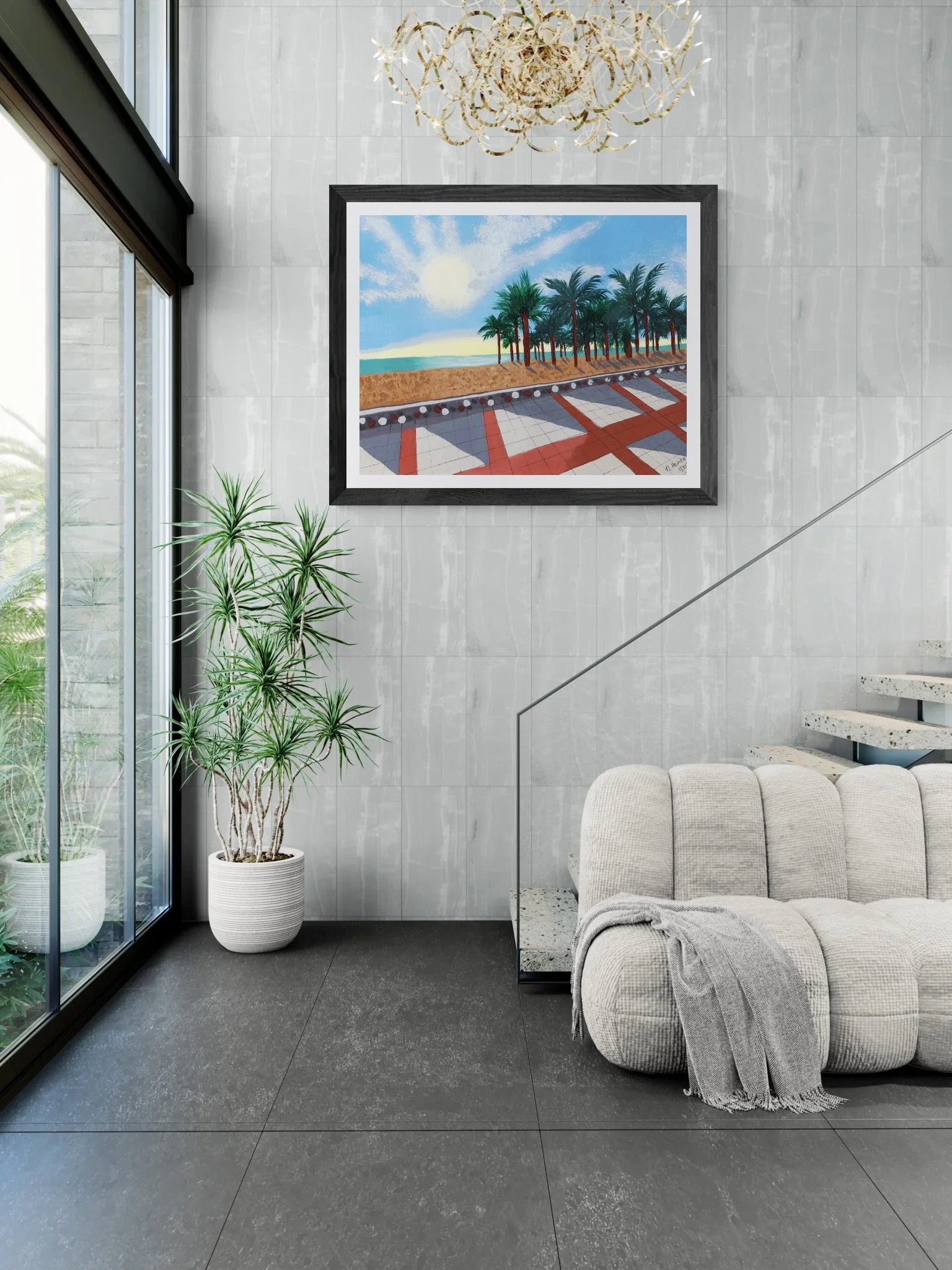Framed Torremolinos Beach Painting in Large modern living area with a staircase.jpeg