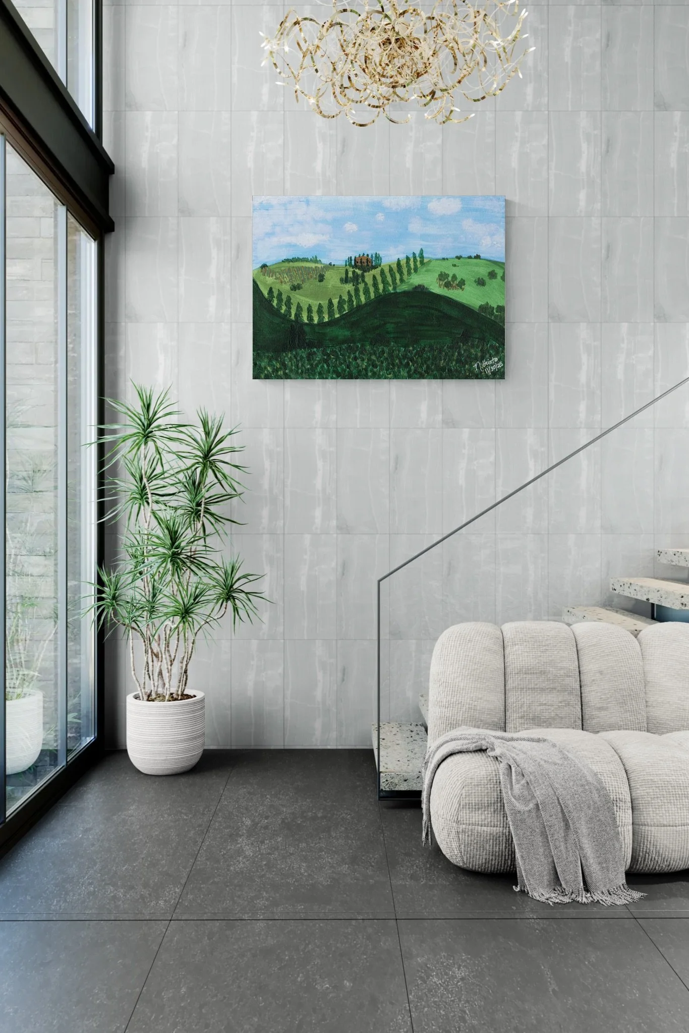 Tuscan Villa Art in Large modern living area with a staircase.jpeg