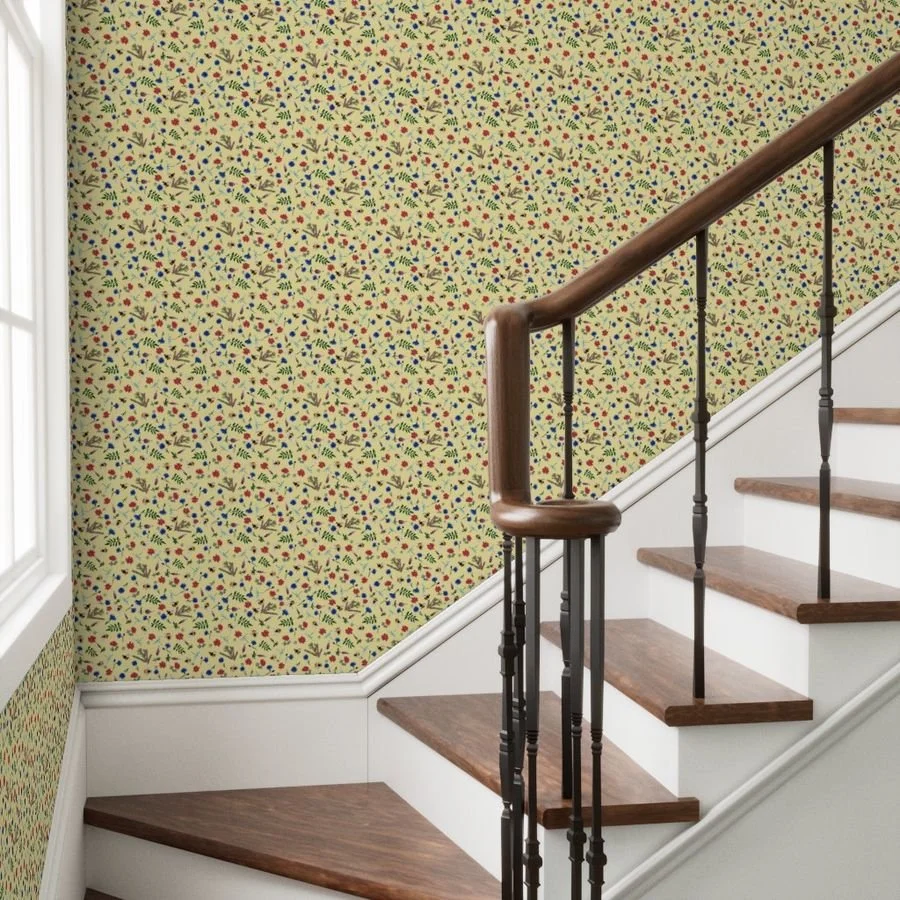 Wallpaper in Whimsical Bees & Wildflowers on Yellow Fabric.jpg