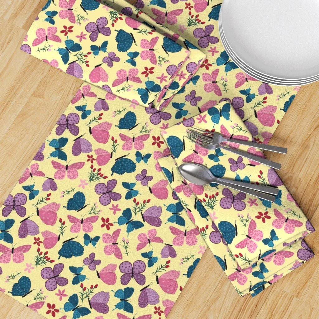 Table Runner & Napkins in Modern Acrylic Butterfly Pattern in Pink Teal Purple & Yellow.jpg